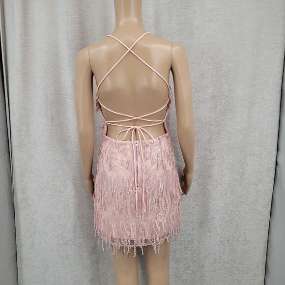 Lulus Making Magic Blush Pink Fringe Lace-Up Mini Dress Women's Size Small - Picture 6 of 13
